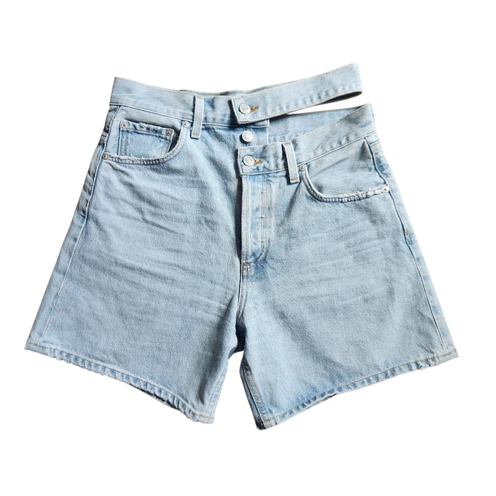 AGOLDE Broken Waistband Buttonfly Blue Denim Jean Shorts Size 28.